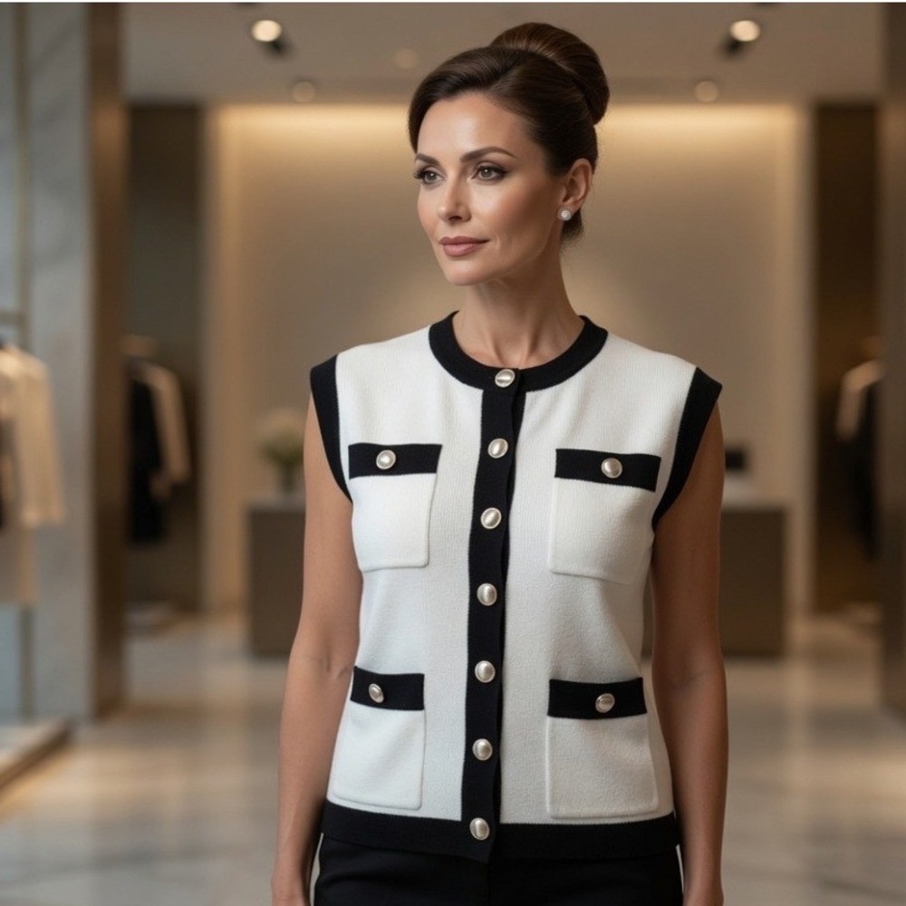 Elie Tahari‎ Womens Black White Colorblock Knit Button Front Sweater Vest Small